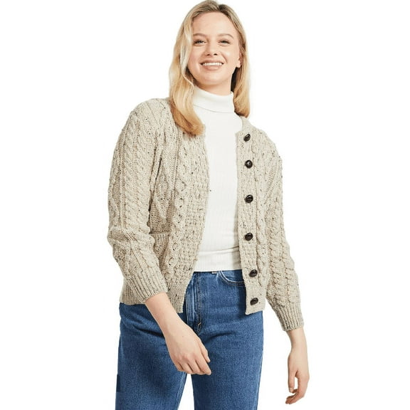 Aran Lumber Wool Cardigan Sweater Women's Cable Knitted Irish Jacket Made in Ireland