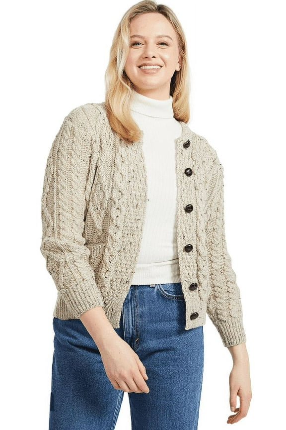 Aran Lumber Wool Cardigan Sweater Women's Cable Knitted Irish Jacket Made in Ireland