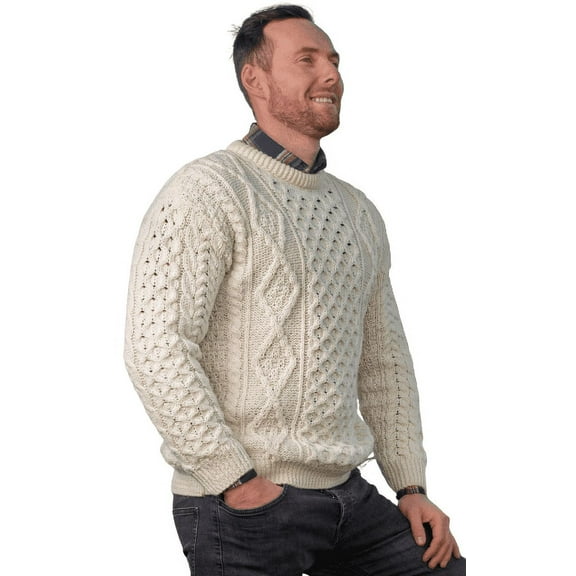 Aran Men's Irish Wool Traditional Sweater Cable Knitted Pullover Made in Ireland