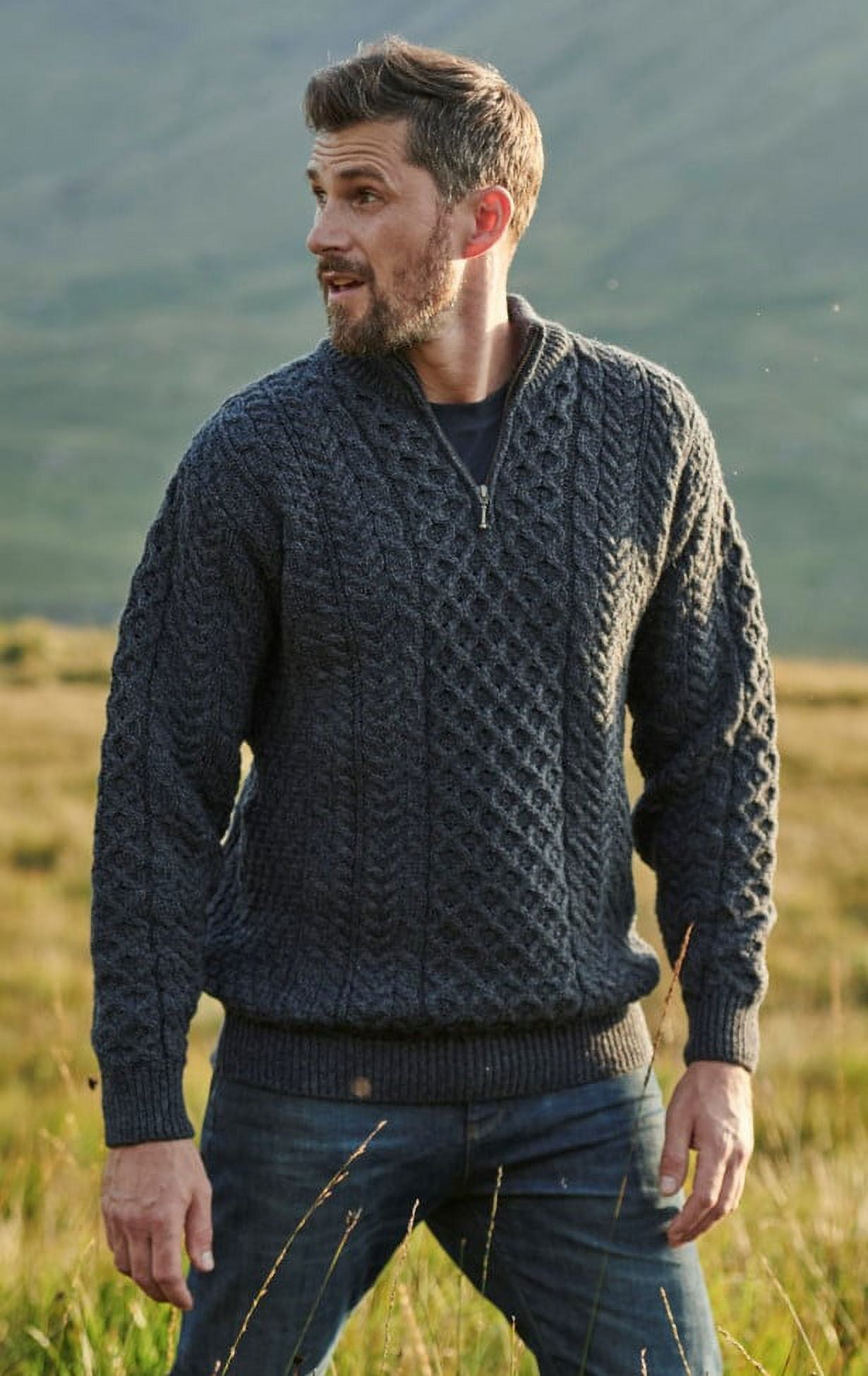 Aran Men's Merino Wool 1/4 Zipper Sweater Irish Traditional Cable