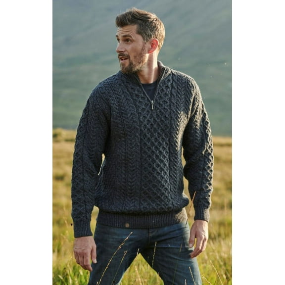 Aran Men's Merino Wool 1/4 Zipper Sweater Irish Traditional Cable Knitted Pullover Made in Ireland