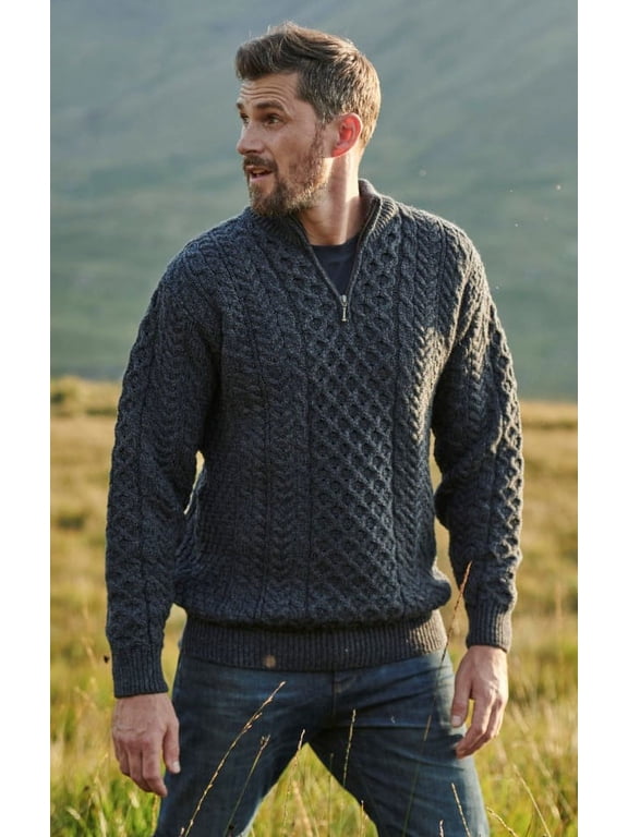 Aran Men's Merino Wool 1/4 Zipper Sweater Irish Traditional Cable Knitted Pullover Made in Ireland