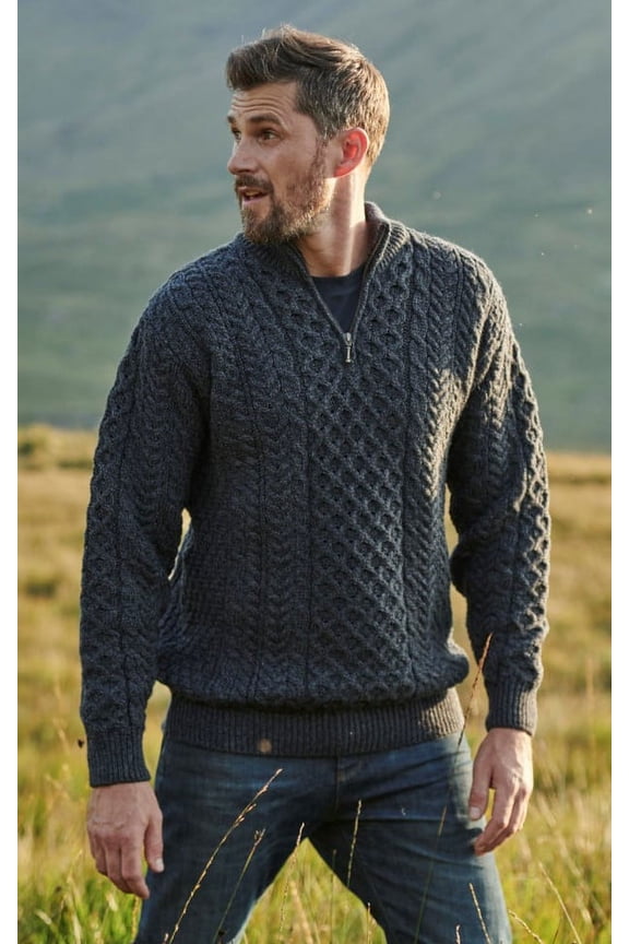 Aran Men's Merino Wool 1/4 Zipper Sweater Irish Traditional Cable Knitted Pullover Made in Ireland