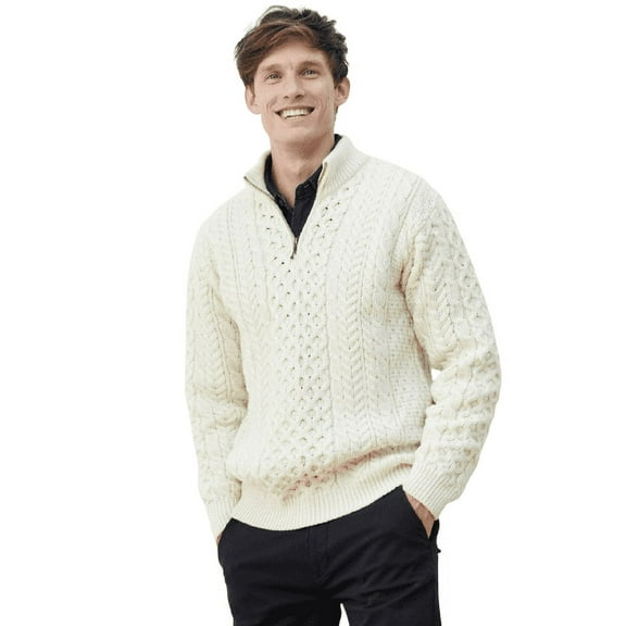 Aran Men's Merino Wool 1/4 Zipper Sweater Irish Traditional Cable Knitted Pullover Made in Ireland