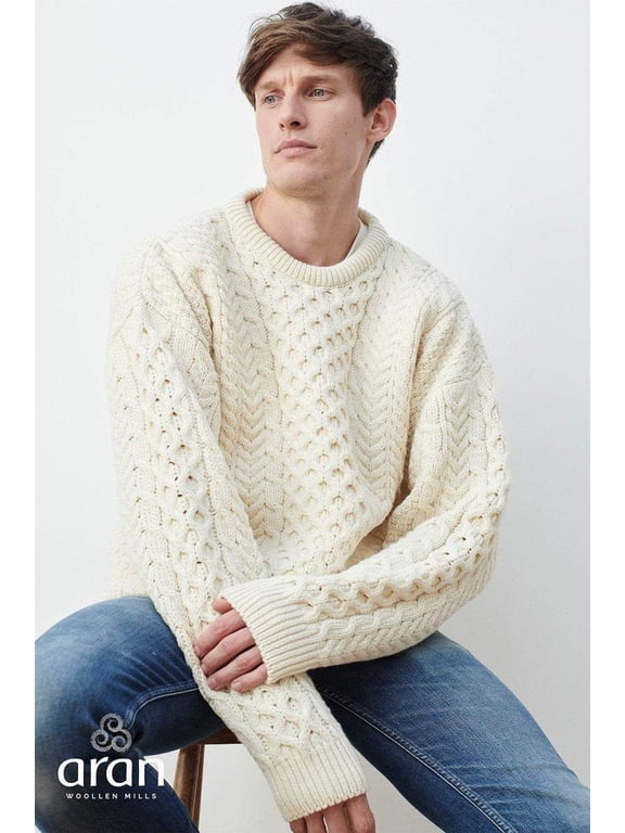 Aran Men's Traditional Sweater 100% Premium Merino Wool Irish Fisherman Pullover Made in Ireland