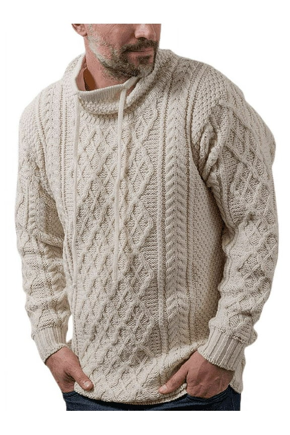 Aran Merino Wool Collared Irish Sweater Men's Knitted Pullover with Drawcords Made in Ireland