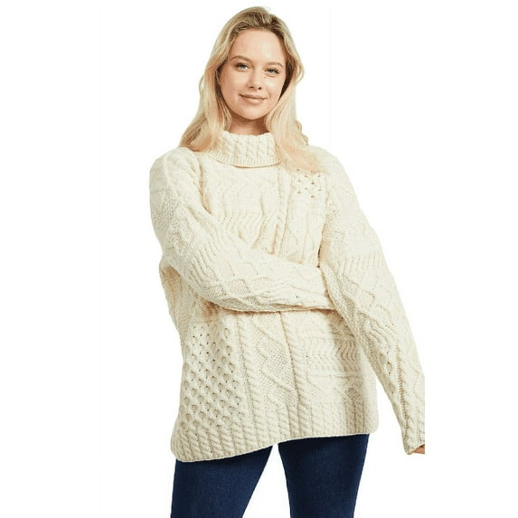 Aran Merino Wool Irish Sweater Patchwork Oversized Women's Chunky Knit Jumper Made in Ireland
