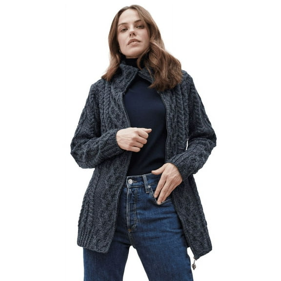 Aran Merino Wool Irish Zipper Cardigan Women's Cable Knitted Jacket Made in Ireland