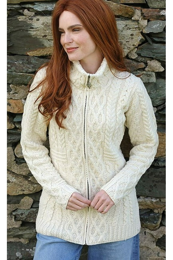 Aran Merino Wool Irish Zipper Cardigan Women's Cable Knitted Jacket Made in Ireland