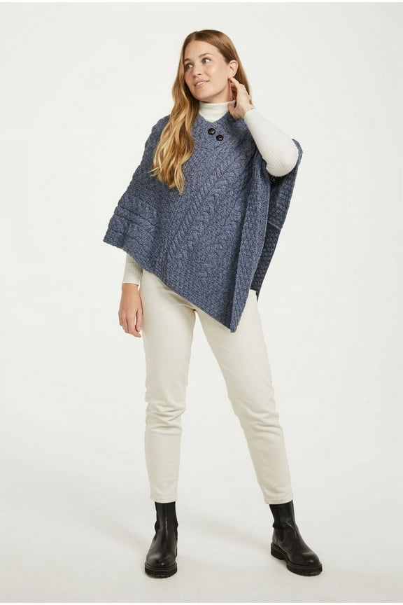 Aran Poncho Merino Wool Cable Knitted Women's Cape Made in Ireland, One Size