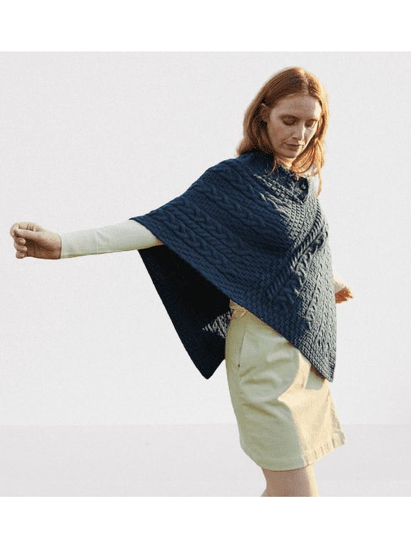 Aran Poncho Merino Wool Cable Knitted Women's Cape Made in Ireland, One Size