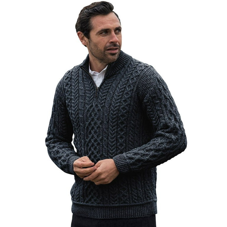 Aran Quarter Zip Sweater 100% SuperSoft Merino Wool Men`s Irish Traditional  Cable Knitted Troyer Made in Ireland