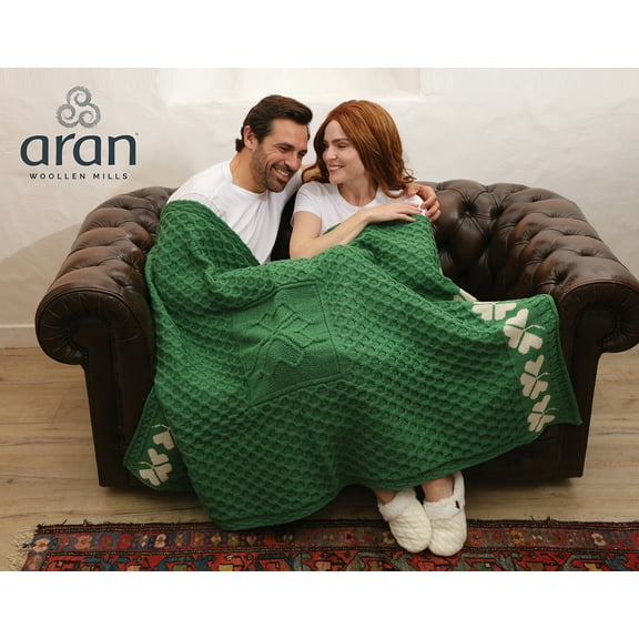 Aran Shamrock Irish Throw Blanket 100% Merino Wool Cable Knitted 58" x 40" Made in Ireland by Aran Woollen Mills