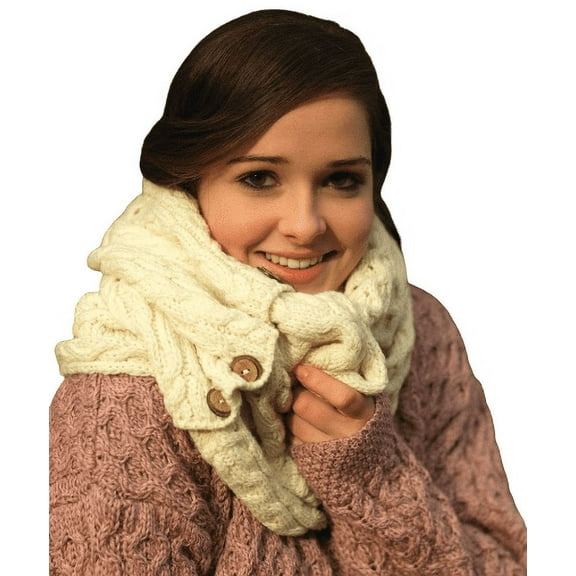 Aran Snood Scarf 100% Merino Wool Knitted with Buttons Made in Ireland by Aran Woollen Mills