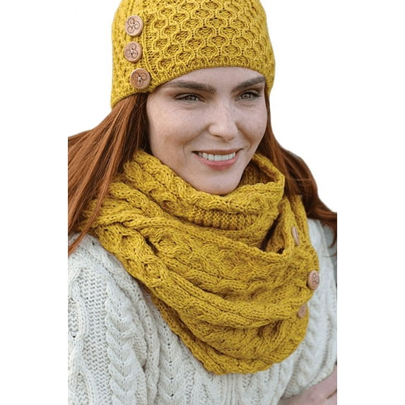 Aran Snood Scarf 100% Merino Wool Knitted with Buttons Made in Ireland by Aran Woollen Mills