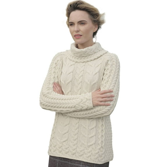 Aran Sweater 100% Super Soft Merino Wool Cable Knitted for Women | Irish White Cowl Neck Collar Knit Chunky Jumper