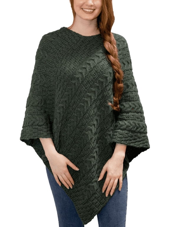 Aran Traditional Poncho Merino Wool Irish Cape Sweater Made in Ireland, One size
