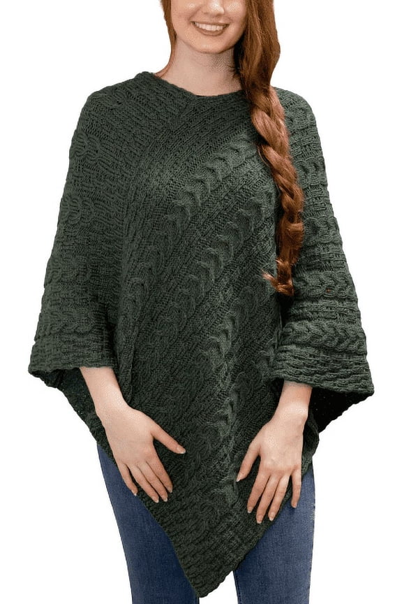 Aran Traditional Poncho Merino Wool Irish Cape Sweater Made in Ireland, One size
