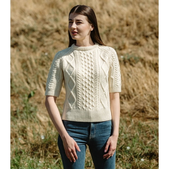 Aran Traditional Short Sleeve Sweater 100% Merino Wool Women's Cable Knit Pullover Made in Ireland