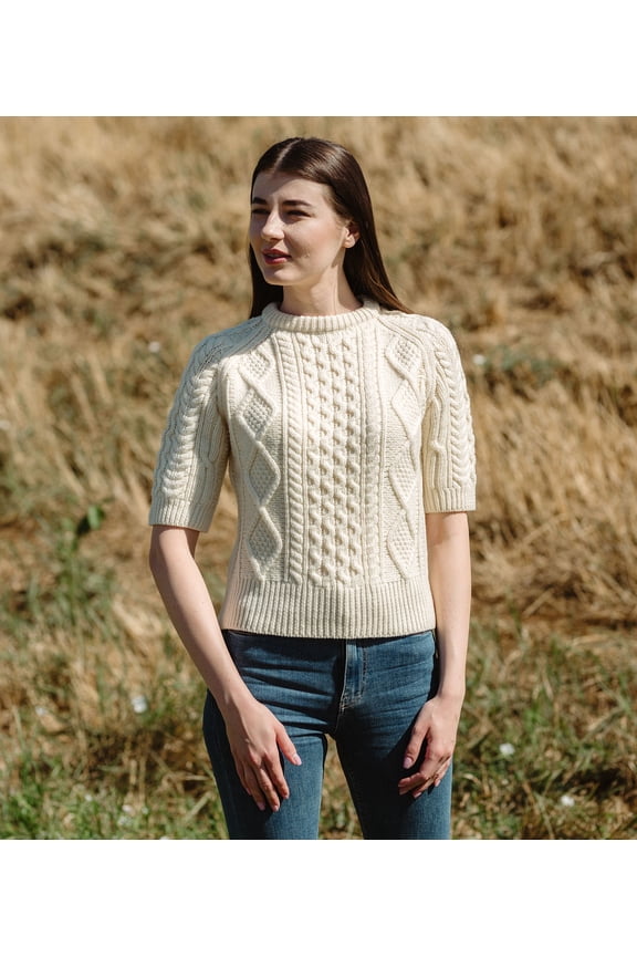 Aran Traditional Short Sleeve Sweater 100% Merino Wool Women's Cable Knit Pullover Made in Ireland
