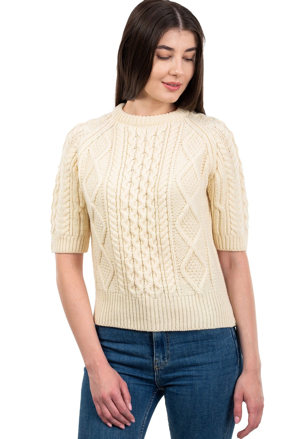Aran Traditional Short Sleeve Sweater 100 Merino Wool Women's Cable
