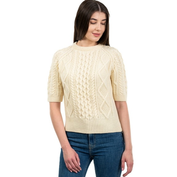 Aran Traditional Short Sleeve Sweater 100% Merino Wool Women's Cable Knit Pullover Made in Ireland