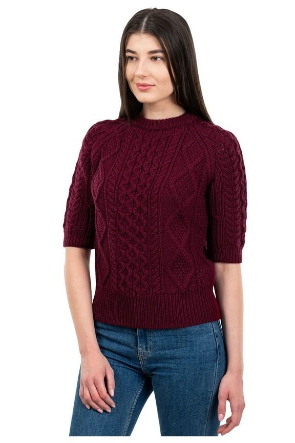 Aran Traditional Short Sleeve Sweater 100% Merino Wool Women's Cable Knit Pullover Made in Ireland