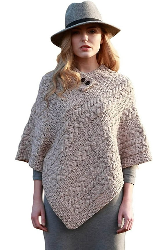 100% Irish Merino Wool Ladies Poncho Cable Knitted Sweater Cape One Size