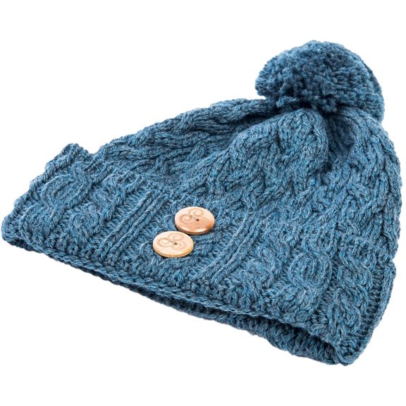 Aran Woollen Mills 100% Supersoft Merino Wool Knitted Hat with Buttons and Pom Pom Made in Ireland | Natural White