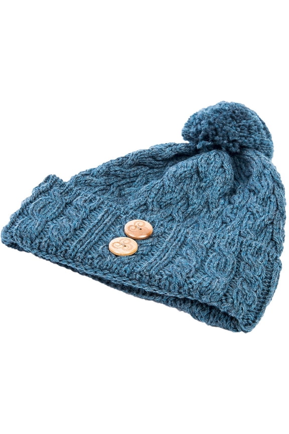 100% Supersoft Merino Wool Knitted Hat with Buttons and Pom Pom Made in Ireland | Natural White