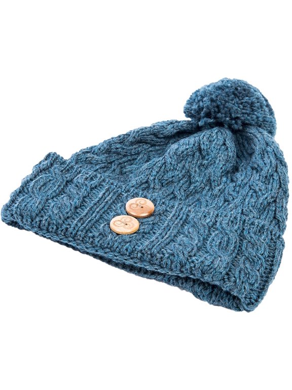 100% Supersoft Merino Wool Knitted Hat with Buttons and Pom Pom Made in Ireland | Natural White