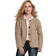 Aran Woollen Mills Button Up Cable Knitted Cardigan Sweater 100% Premium Soft Merino Wool Women`s Jacket Made in Ireland