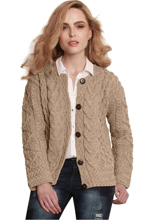 Button Up Cable Knitted Cardigan Sweater 100% Premium Soft Merino Wool Women`s Jacket Made in Ireland