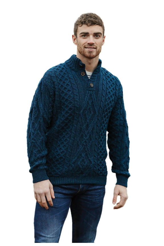 Button-Up Collar Cardigan Sweater Celtic Troyer 100% Premium Merino Wool Jumper Men`s Pullover Made in Ireland