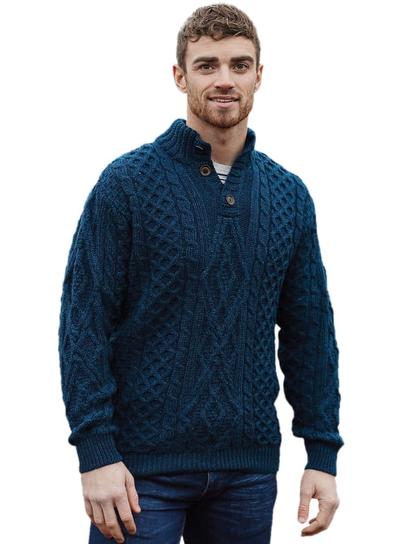 Button-Up Collar Cardigan Sweater Celtic Troyer 100% Premium Merino Wool Jumper Men`s Pullover Made in Ireland