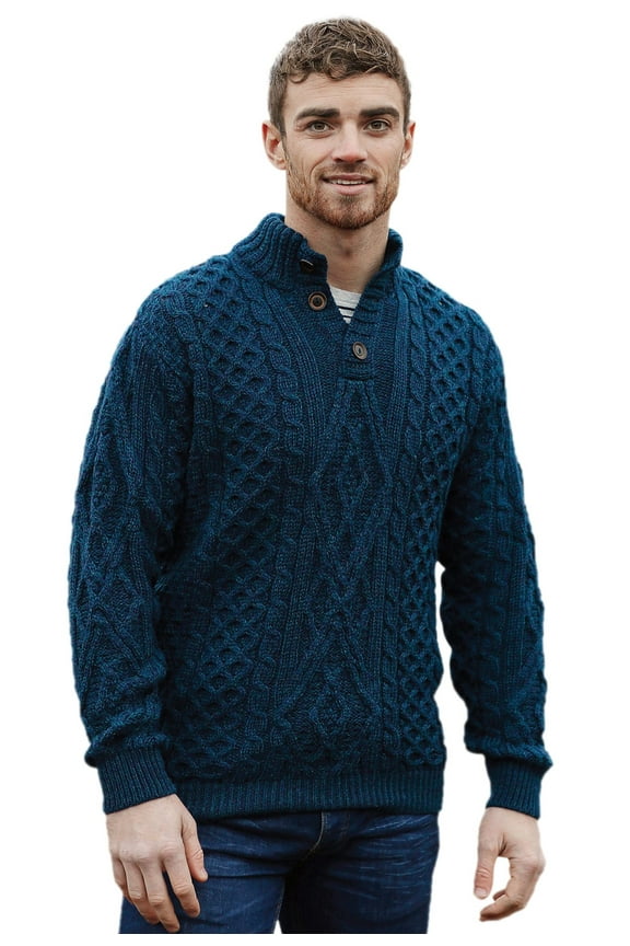 Button-Up Collar Cardigan Sweater Celtic Troyer 100% Premium Merino Wool Jumper Men`s Pullover Made in Ireland