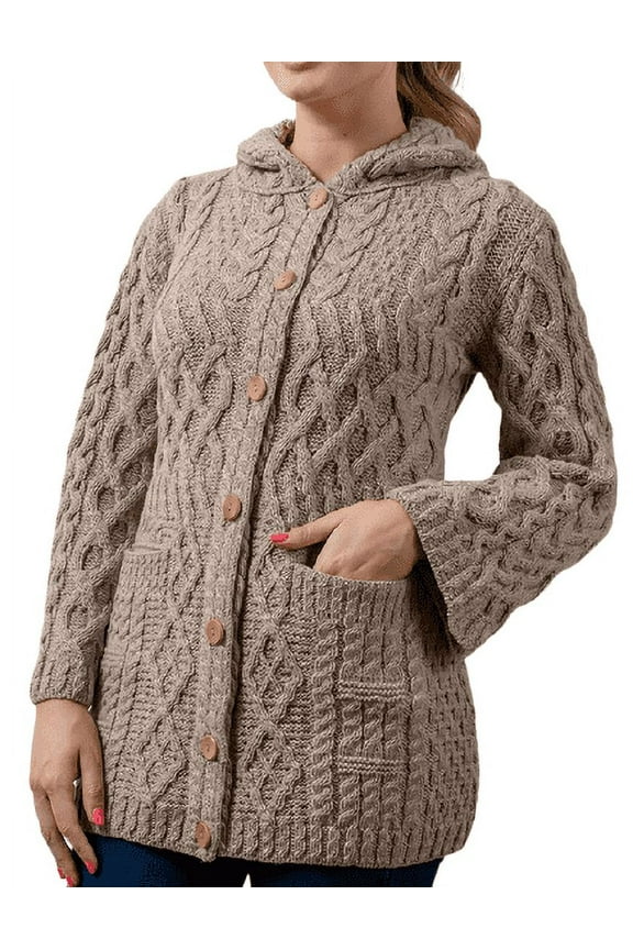 Button Up Hooded Cardigan Sweater 100% Premium Soft Merino Wool Women`s Long Cable Knitted Jacket Made in Ireland