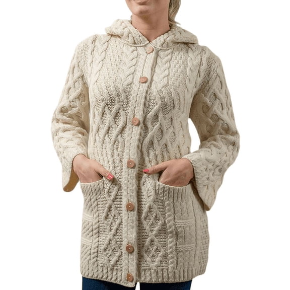 Aran Woollen Mills Button Up Hooded Cardigan Sweater 100% Premium Soft Merino Wool Women`s Long Cable Knitted Jacket Made in Ireland