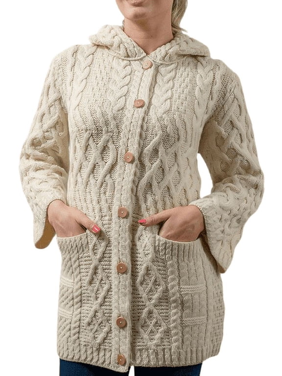 Button Up Hooded Cardigan Sweater 100% Premium Soft Merino Wool Women`s Long Cable Knitted Jacket Made in Ireland