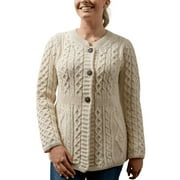Aran Woollen Mills Buttoned Cardigan Sweater 100% Premium Soft Merino Wool Women`s Cable Knitted Crew Neck Jacket Made in Ireland