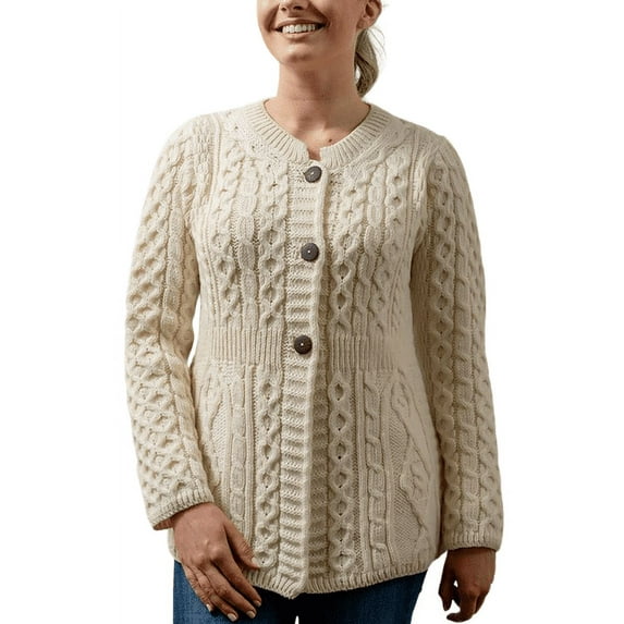 Aran Woollen Mills Buttoned Cardigan Sweater 100% Premium Soft Merino Wool Women`s Cable Knitted Crew Neck Jacket Made in Ireland
