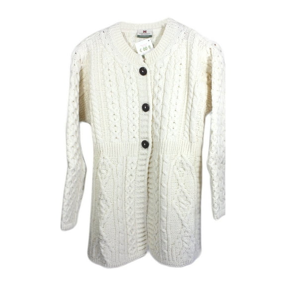 Aran Woollen Mills Buttoned Cardigan Sweater 100% Premium Soft Merino Wool Women`s Cable Knitted Crew Neck Jacket Made in Ireland