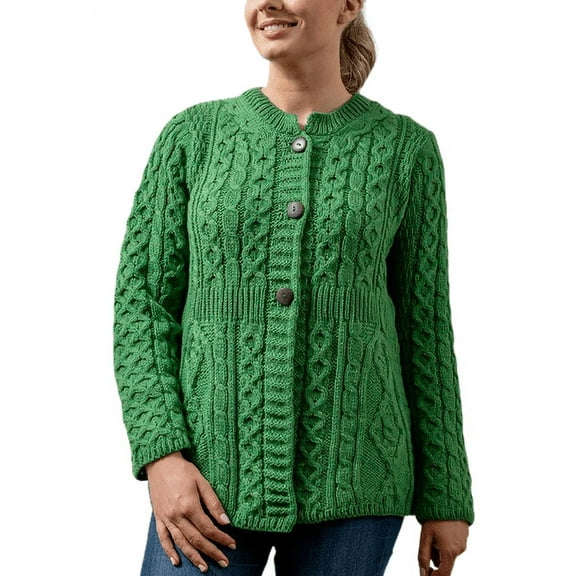 Aran Woollen Mills Buttoned Cardigan Sweater 100% Premium Soft Merino Wool Women`s Cable Knitted Crew Neck Jacket Made in Ireland