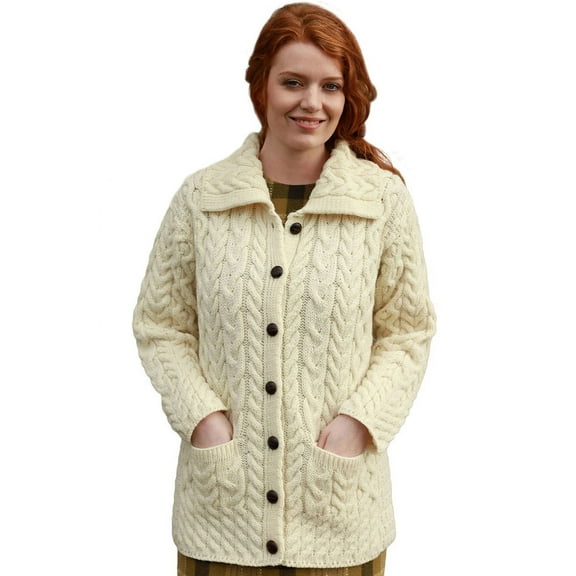Aran Woollen Mills Cable Knitted Buttoned Cardigan Sweater 100% Premium SuperSoft Merino Wool Long Jacket Women`s Coat with Pockets Made in Ireland