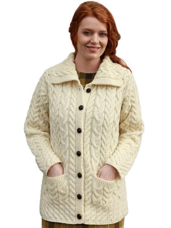 Cable Knitted Buttoned Cardigan Sweater 100% Premium SuperSoft Merino Wool Long Jacket Women`s Coat with Pockets Made in Ireland