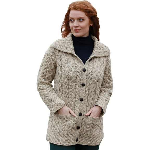 Aran Woollen Mills Cable Knitted Buttoned Cardigan Sweater 100% Premium SuperSoft Merino Wool Long Jacket Women`s Coat with Pockets Made in Ireland