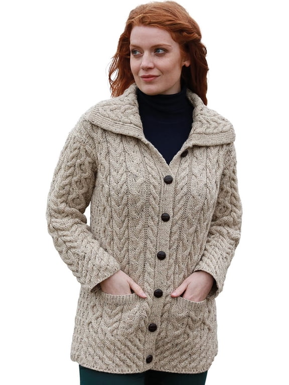 Cable Knitted Buttoned Cardigan Sweater 100% Premium SuperSoft Merino Wool Long Jacket Women`s Coat with Pockets Made in Ireland