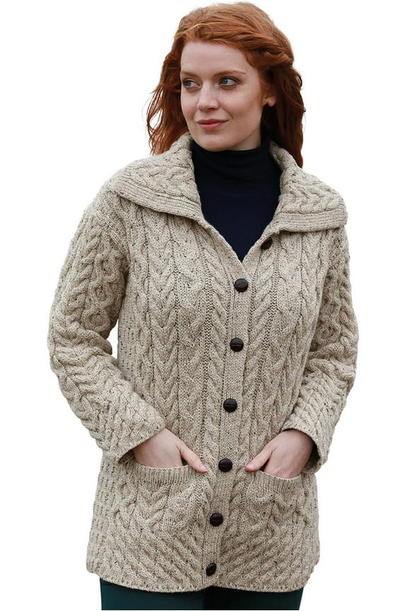 Cable Knitted Buttoned Cardigan Sweater 100% Premium SuperSoft Merino Wool Long Jacket Women`s Coat with Pockets Made in Ireland