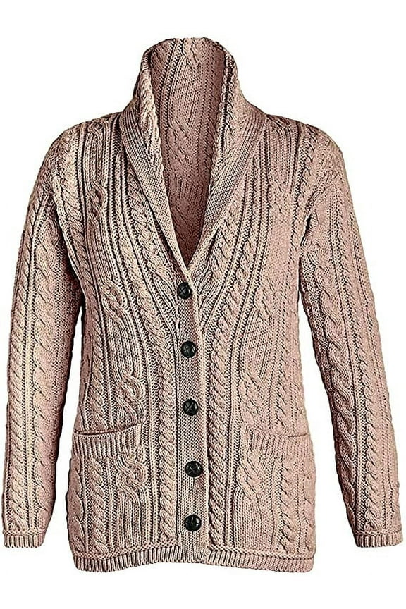 Cable Knitted Shawl Cardigan Sweater 100% Premium SuperSoft Merino Wool Women`s Jacket Made in Ireland