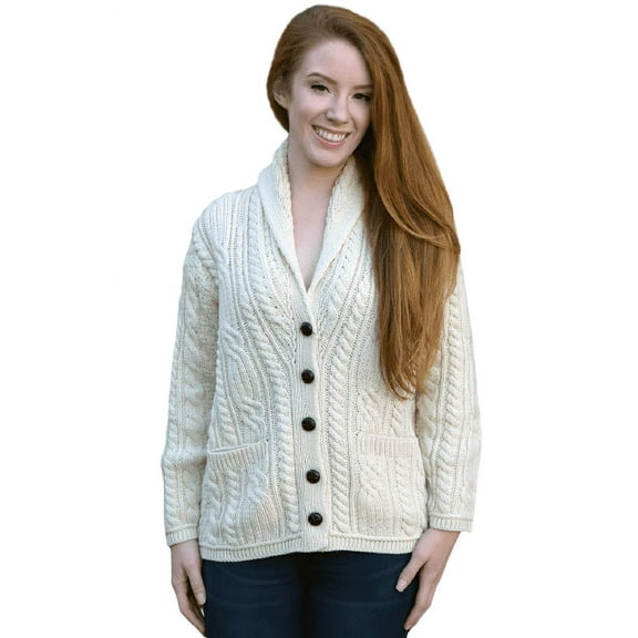 Aran Woollen Mills Cable Knitted Shawl Cardigan Sweater 100% Premium SuperSoft Merino Wool Women`s Jacket Made in Ireland
